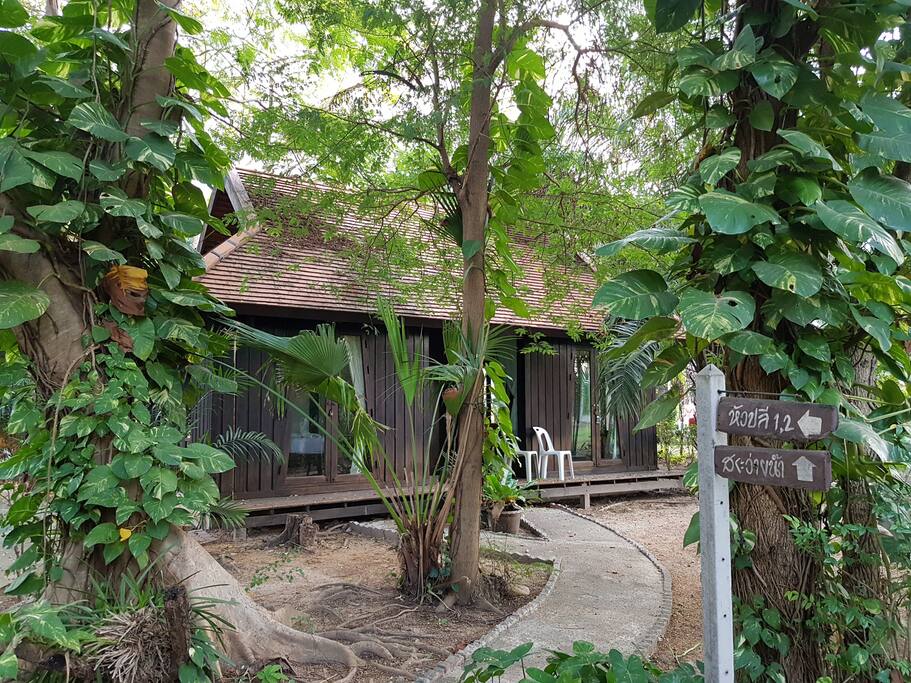 Jungle bungalow, small terrace but near the swimming pool and grass field.