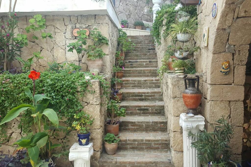 Stairs from patio to the pool.