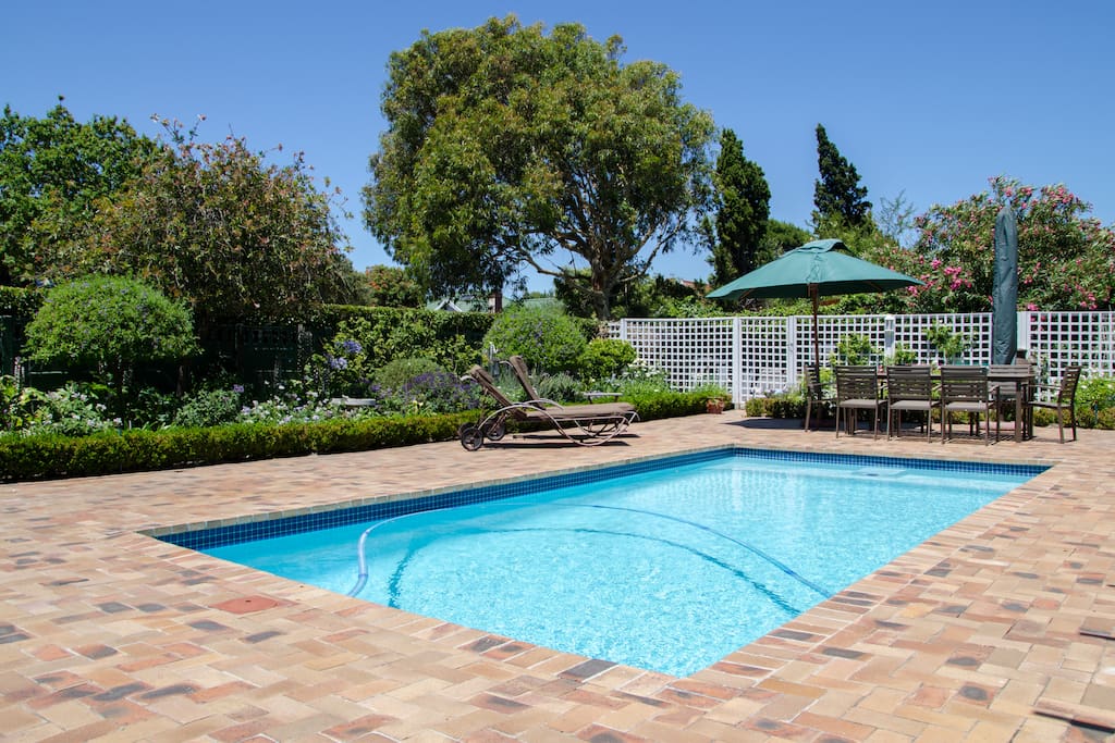 Sparkling blue pool and patio