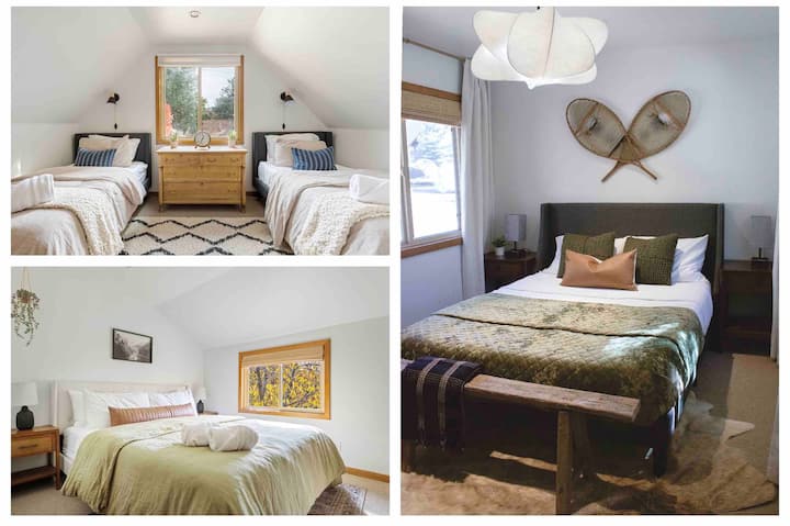 Our 3 bedrooms! 1 king bed, 1 queen bed, 2 twin beds. We also have 1 PackN’Play (infant) and 1 Regalo toddler cot.