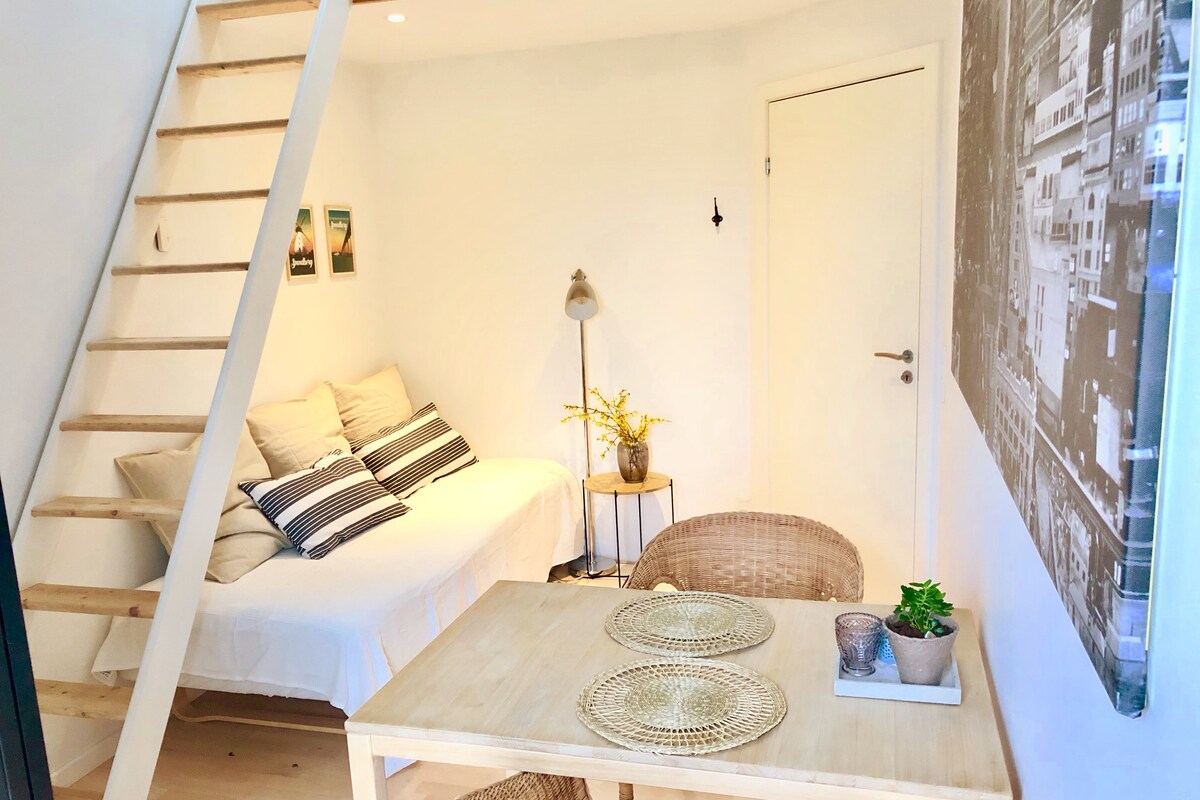 A bright living area features a comfortable sofa bed adorned with decorative pillows. A wooden table with natural woven placemats is set nearby, and a small plant adds a touch of greenery. A staircase leads to the upper loft area, enhancing the open layout.