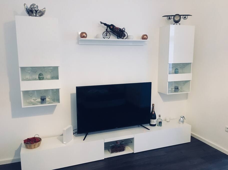 Wohnzimmerwand 55 Zoll Fernseher mit Netflix Anschluss
