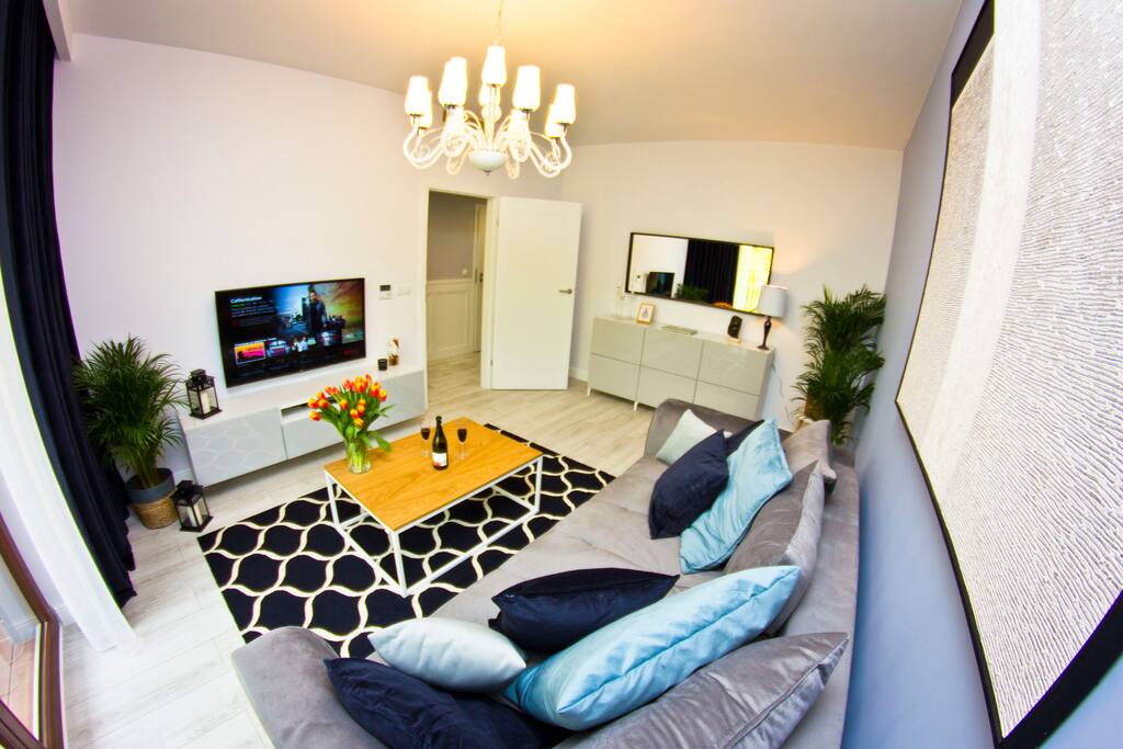 Spacious living-room. 49" screen, flat smart TV.