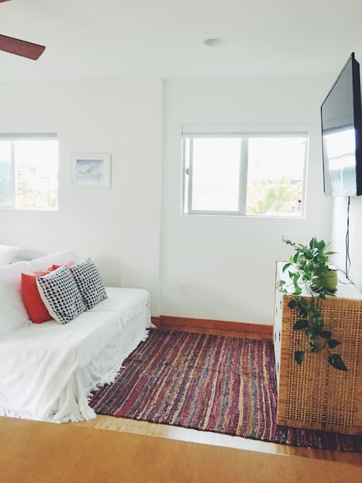 The sofa bed opens up to a full size bed.