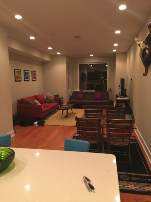 Long view of living room and kitchen