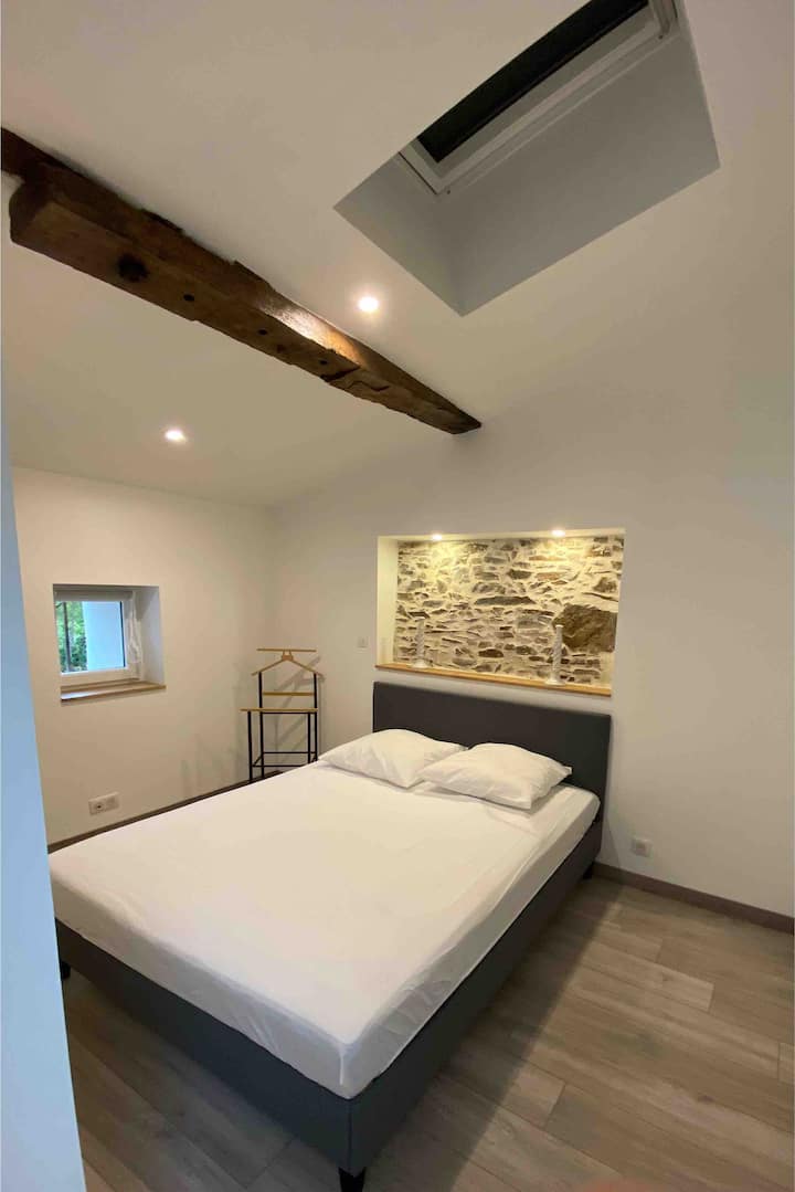 Chambre avec literie de 160x200, parquet et petit dressing 