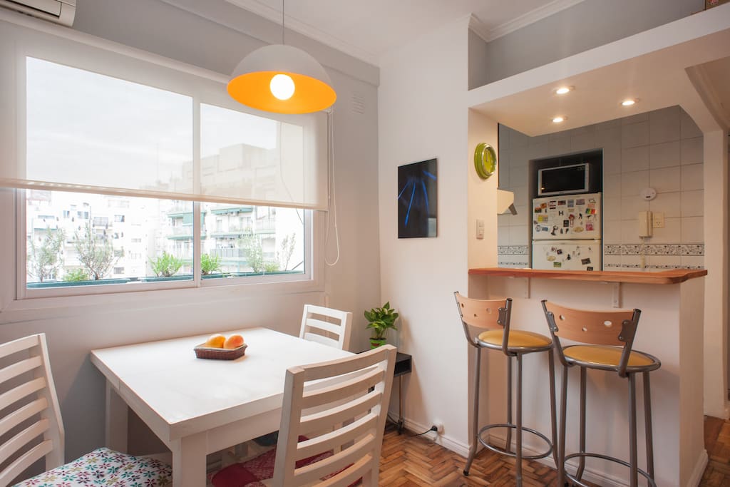 Dining, bar and window to the core of the block