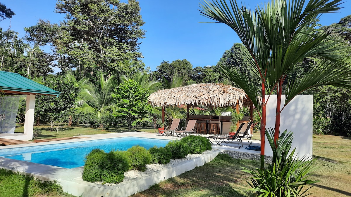 A private pool area is surrounded by lush vegetation, featuring a clear blue pool beside a thatched-roof rancho. Sun loungers are positioned for relaxation, with vibrant greenery providing a tranquil backdrop.