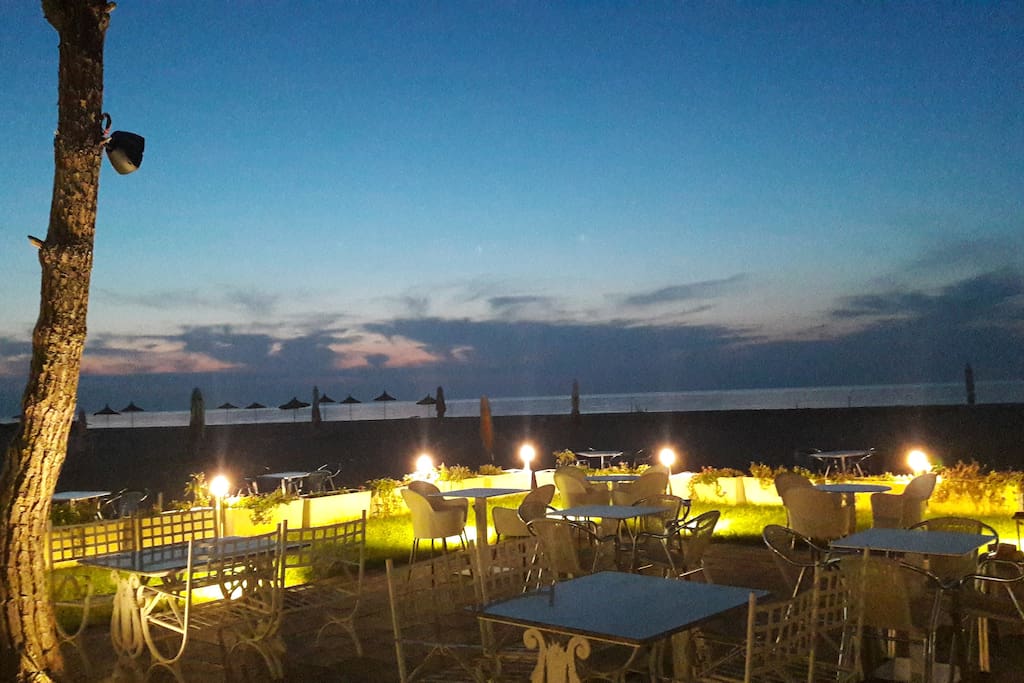 Enjoying delicious fish plates in the restaurant near by the sea.