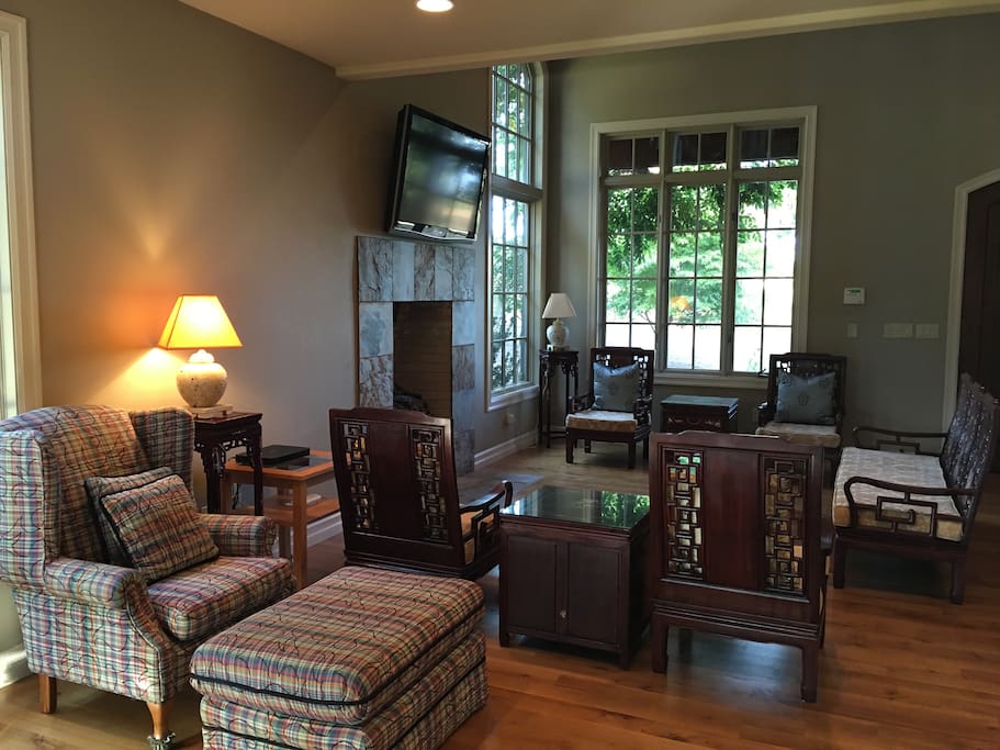 Living room with TV and gas fireplace