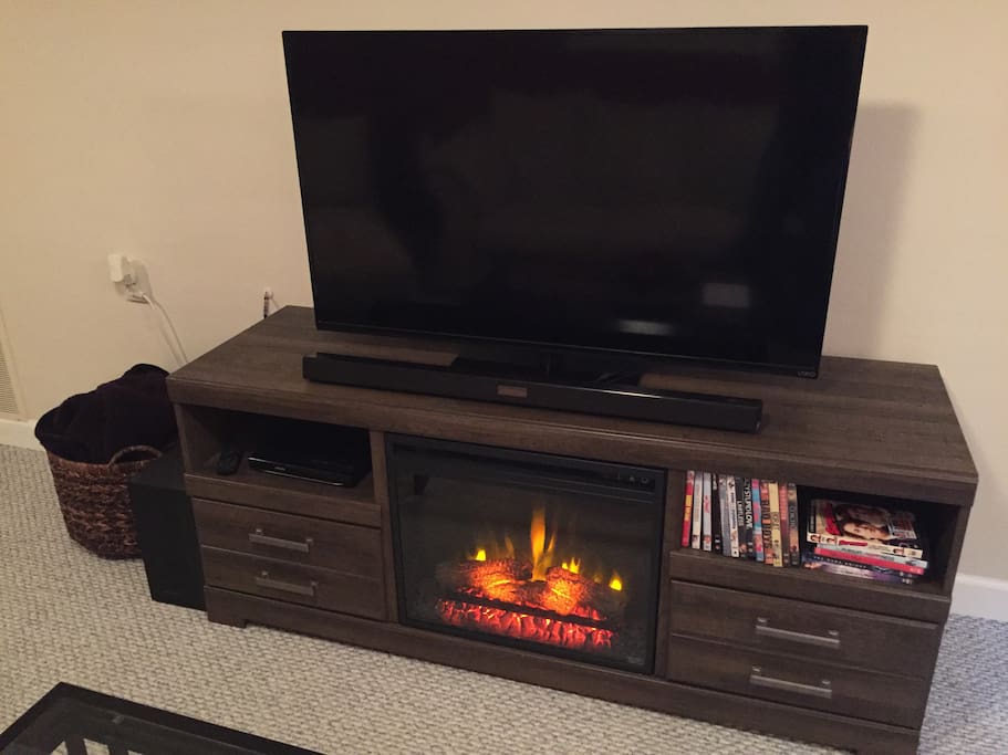 TV with warm fireplace