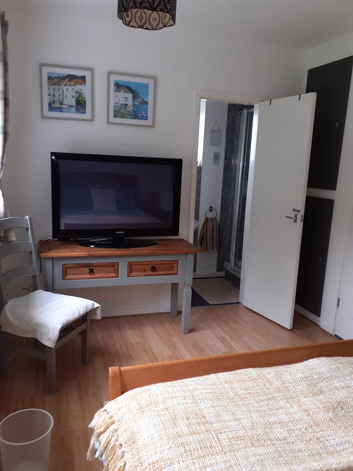 Private double room with en-suite shower room, TV.