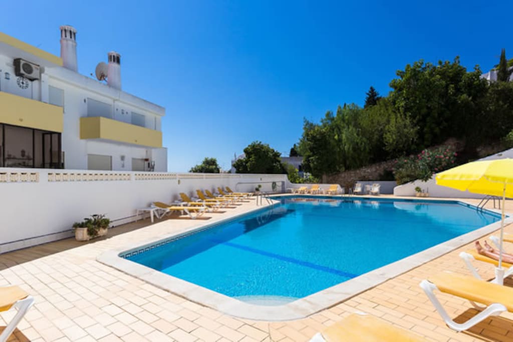 The shared pool with terrace and loungers