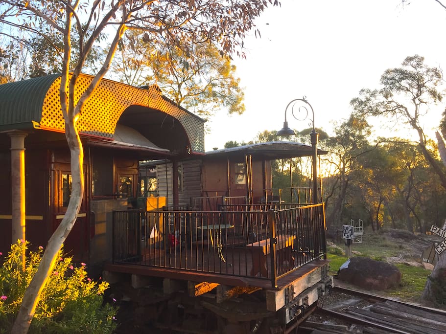 The sun deck on the back of the Dining Car and the Caboose.
