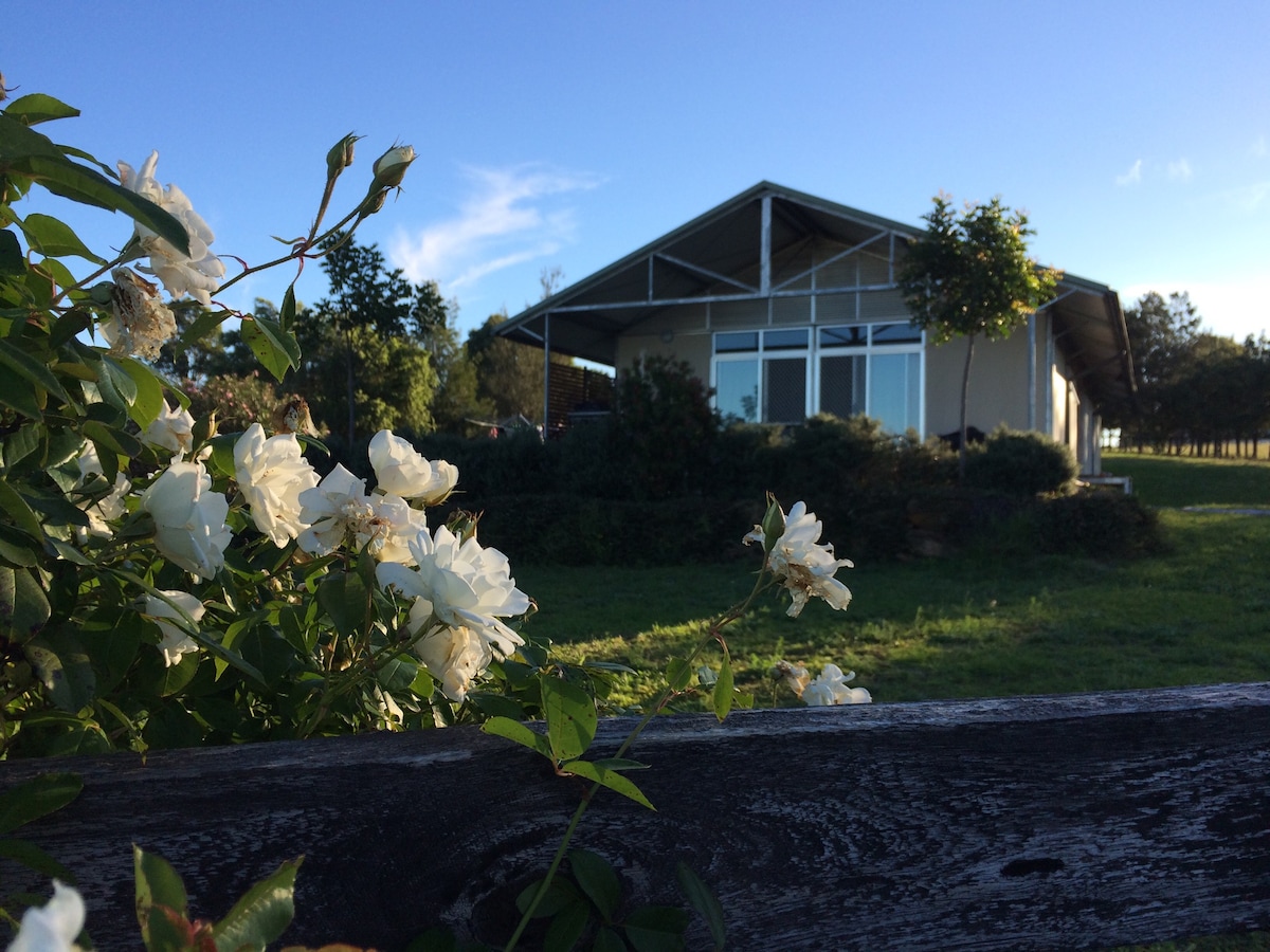 The modern house features a sloping roof and large windows that offer natural light. Surrounding greenery and blooming white flowers are visible in the foreground, creating a serene outdoor setting. The spacious yard is accentuated by well-manicured shrubs.