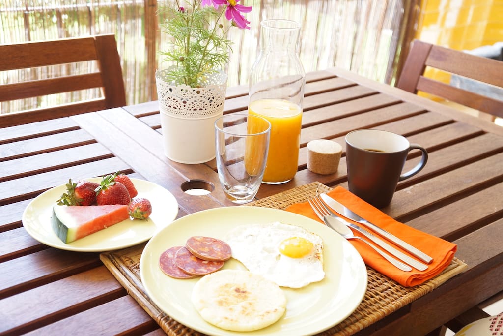 Enjoy breakfast at the terrace. Vegan and gluten free breakfast also available.