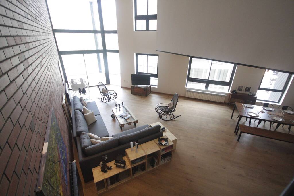 View of the reception area from the stairs leading to the upper floor
