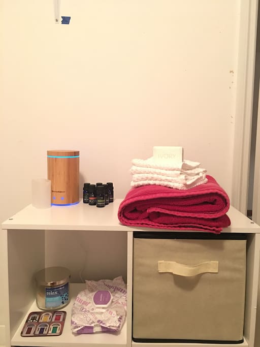Everything you'll need for a nice shower. Even some essential oils for some relaxing aroma therapy.
