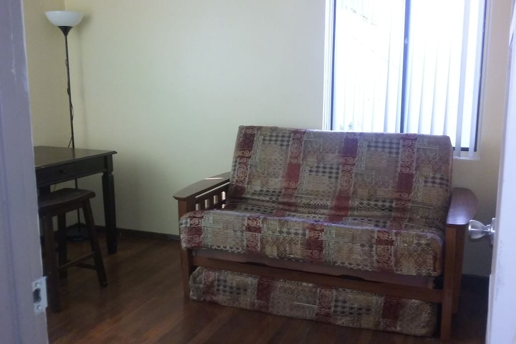 Futon is a double size bed with a gel memory foam 6" thick mattress.