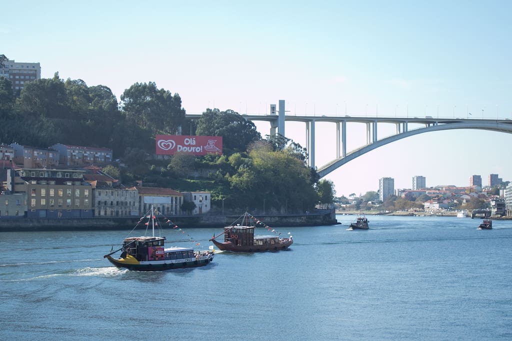 View of the Douro River, Arrabida bridge and typcal port wine rabelo boats taken from the kitchen balcony