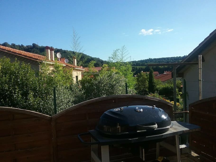 Grande terrasse munie d'un barbecue.