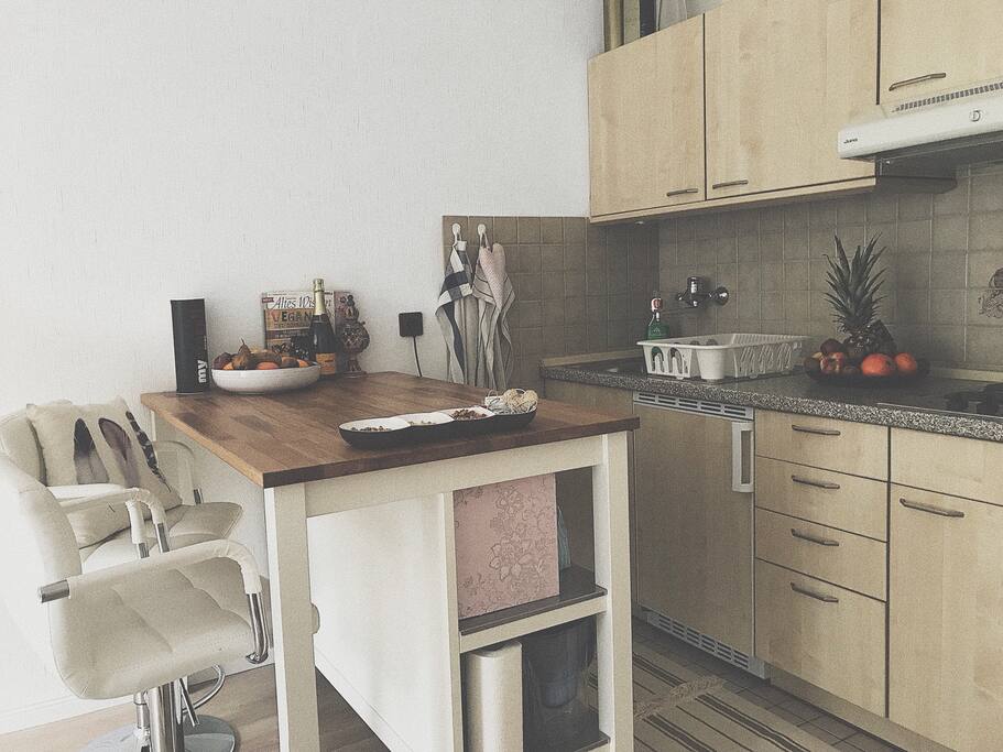 The kitchen includes a small oven, 2 stoves, a fridge, a freezer, blender and anything else from pots to plates to cutlery.