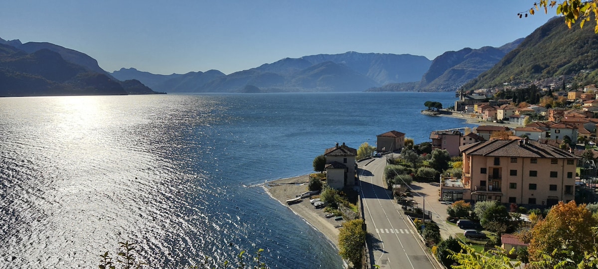 A panoramic view of Lake Como is visible, showcasing tranquil waters reflecting sunlight. The scene includes charming buildings along the shoreline, a winding road, and distant mountains creating a serene backdrop. The vibrant colors of nature enhance the peaceful setting.