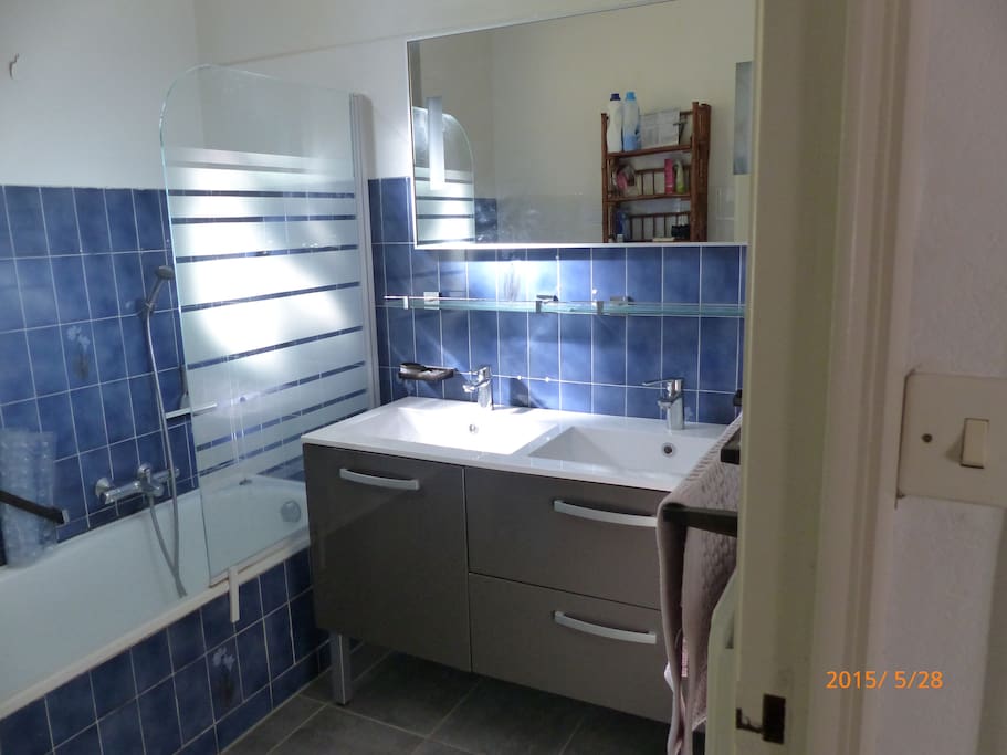 Salle de bains, baignoire avec douche, pare douche, lavabo double.