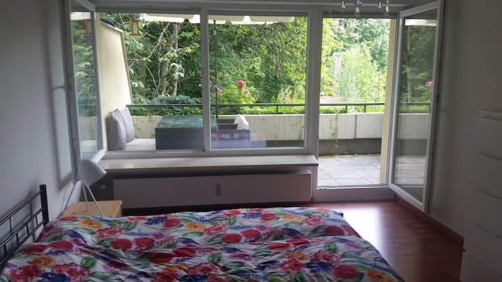 独立可上锁的大卧室，带私人阳台，可欣赏公园和湖景，供私人使用