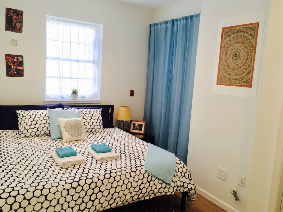 Luxuriate in our baby blue bedroom, which is equipped a king-sized Leesa-brand memory foam mattress.