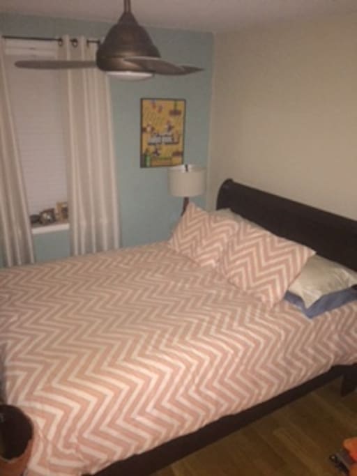 Upstairs bedroom with closet and drawer space.