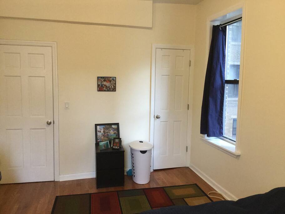 Drawer unit (not available for storage), hamper, and closet (half empty for your use).