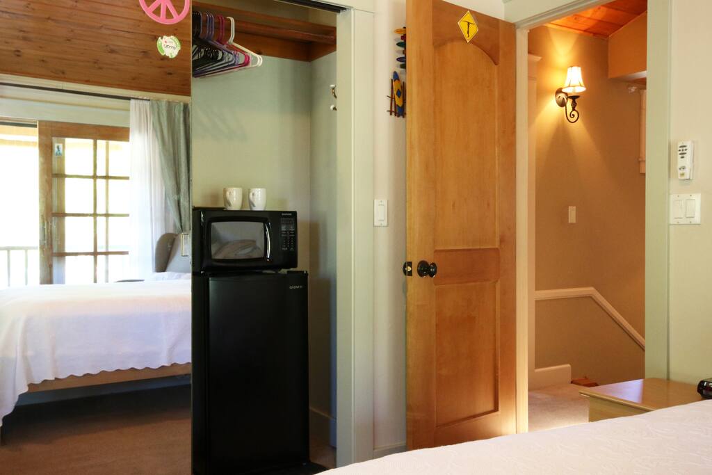 Mini fridge, microwave and coffee maker