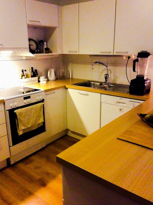 The kitchen island is attached to the livingroom and is equipped with everything you need to get by