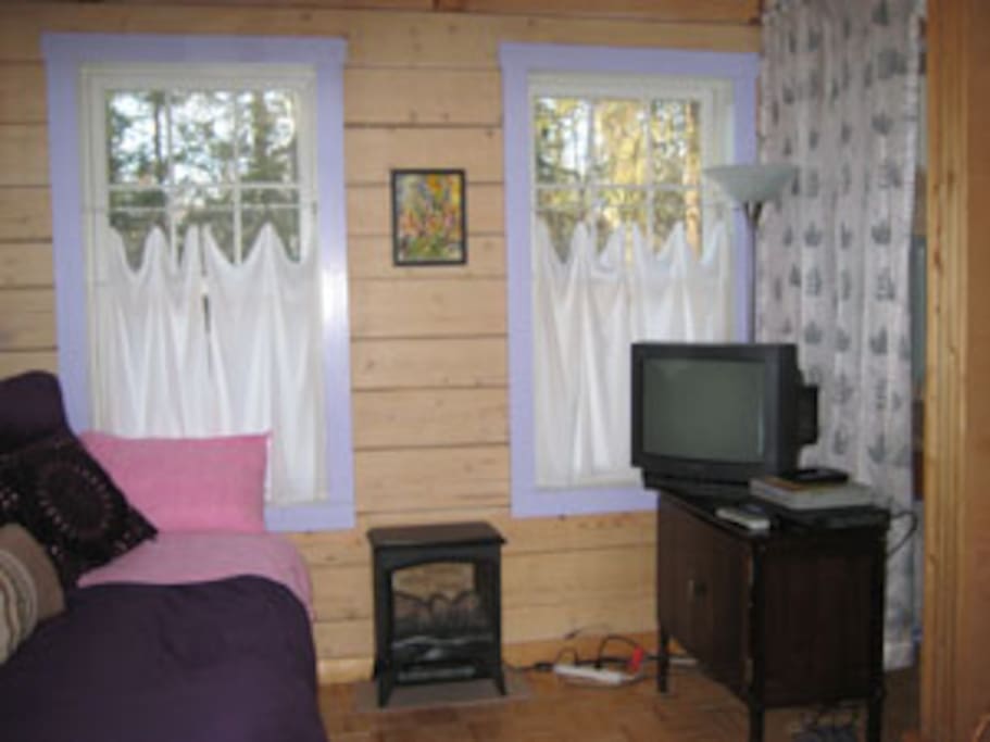 The small living area has a twin bed and satellite TV.