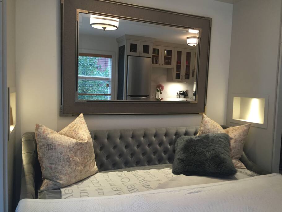 Restoration Hardware sofa/daybed provides a luxurious spot to relax looking out to the mountain during the day - and sleeps two at night.