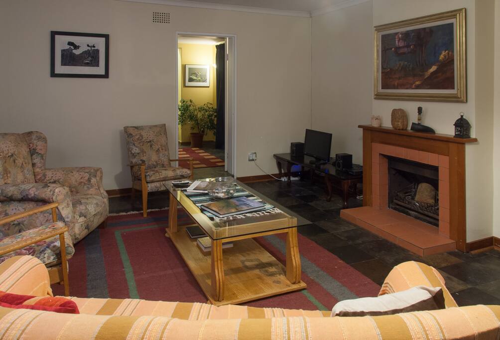 Living area with fireplace.