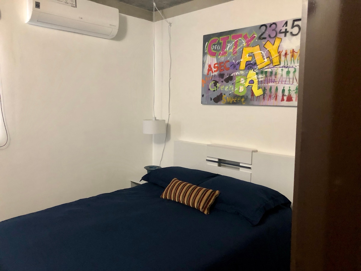 غرفة نوم رئيسية مع حرارة صغيرة باردة. 