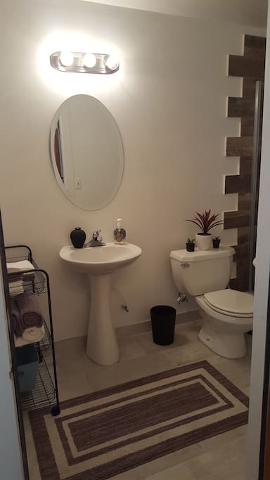 Newly renovated bathroom with rustic decor.