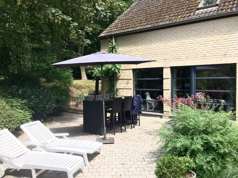 Terrasse exposée au soleil entourée de bois et d'un plan d'eau