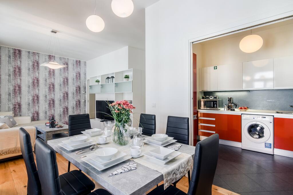 Big common area offers you spacious dining table, well equipped kitchen corner and comfortable living room.