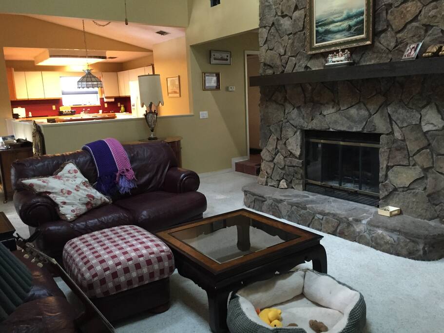 Comfortable living room with floor-to-ceiling fireplace