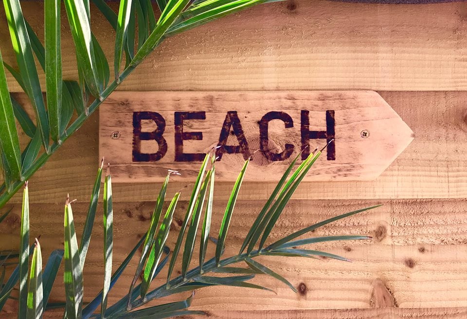 A wooden sign displaying the word 'BEACH' is prominently featured, mounted against a backdrop of rustic wooden panels. Lush green palm fronds frame the sign, adding a tropical touch to the image.