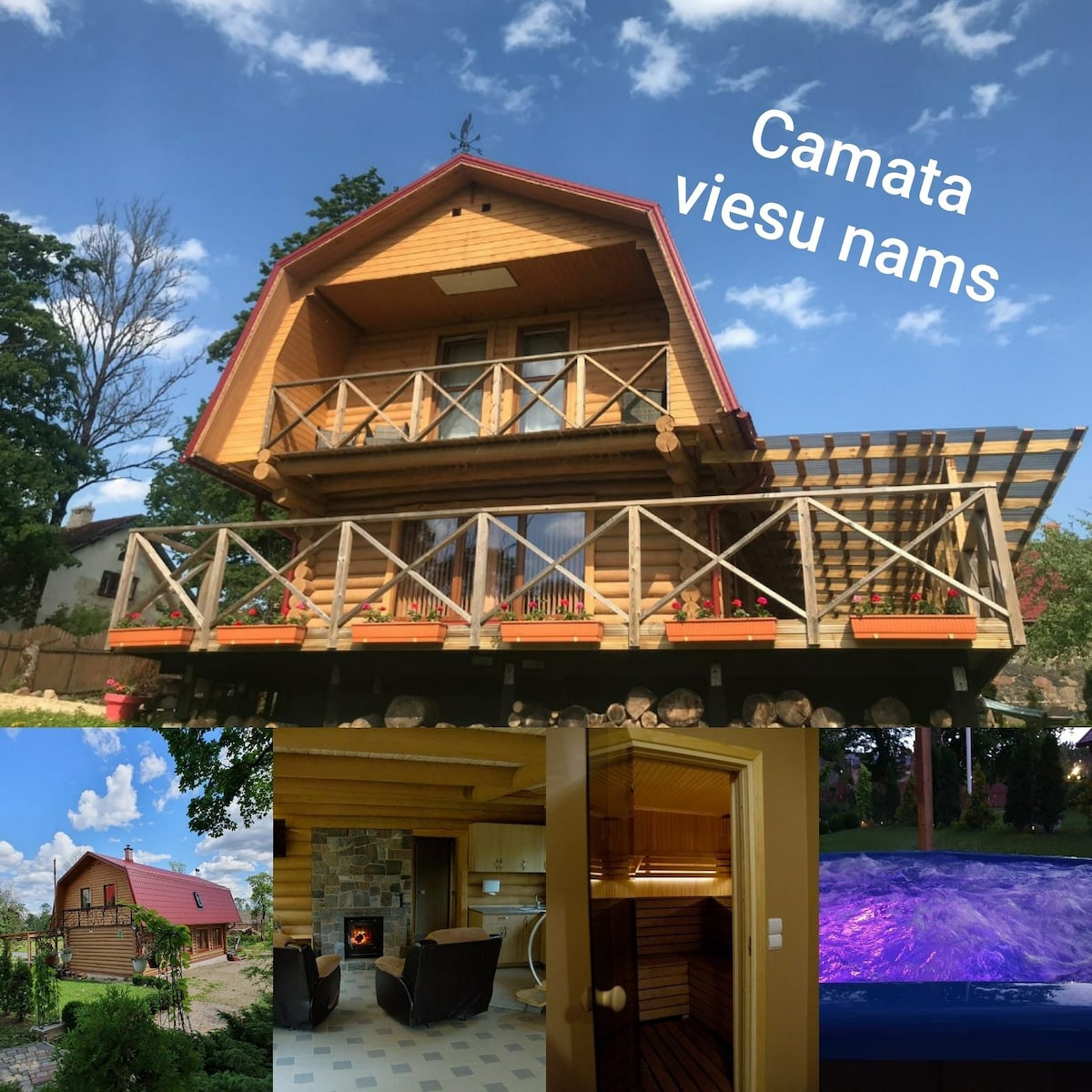A charming wooden guest house is featured, showcasing a sloped roof, a spacious balcony with decorative railings, and outdoor space. A cozy sauna is visible inside, along with a well-lit area and a relaxing hot tub positioned nearby, providing comfort and leisure amenities.