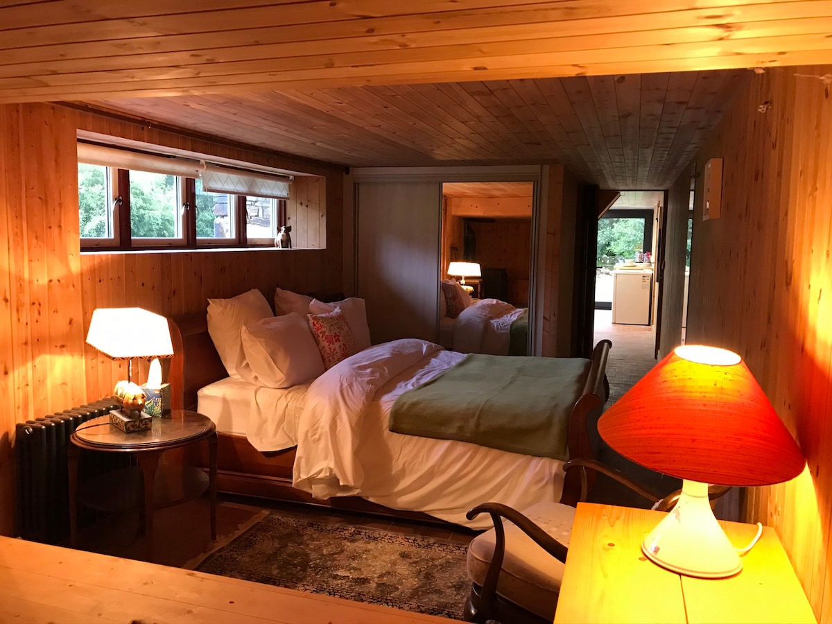 The bedroom features warm wooden walls and a spacious bed dressed in white linens and an olive green throw. A bedside table with a lamp provides gentle lighting, while a cozy chair and a rustic rug complete the serene atmosphere. A doorway leads to a well-lit area beyond.