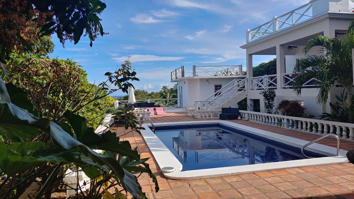 A serene pool area is framed by lush greenery, featuring a glistening pool surrounded by tiled decking. Sun loungers are positioned nearby, and the house is visible in the background, displaying white railings and a spacious terrace under a clear blue sky.