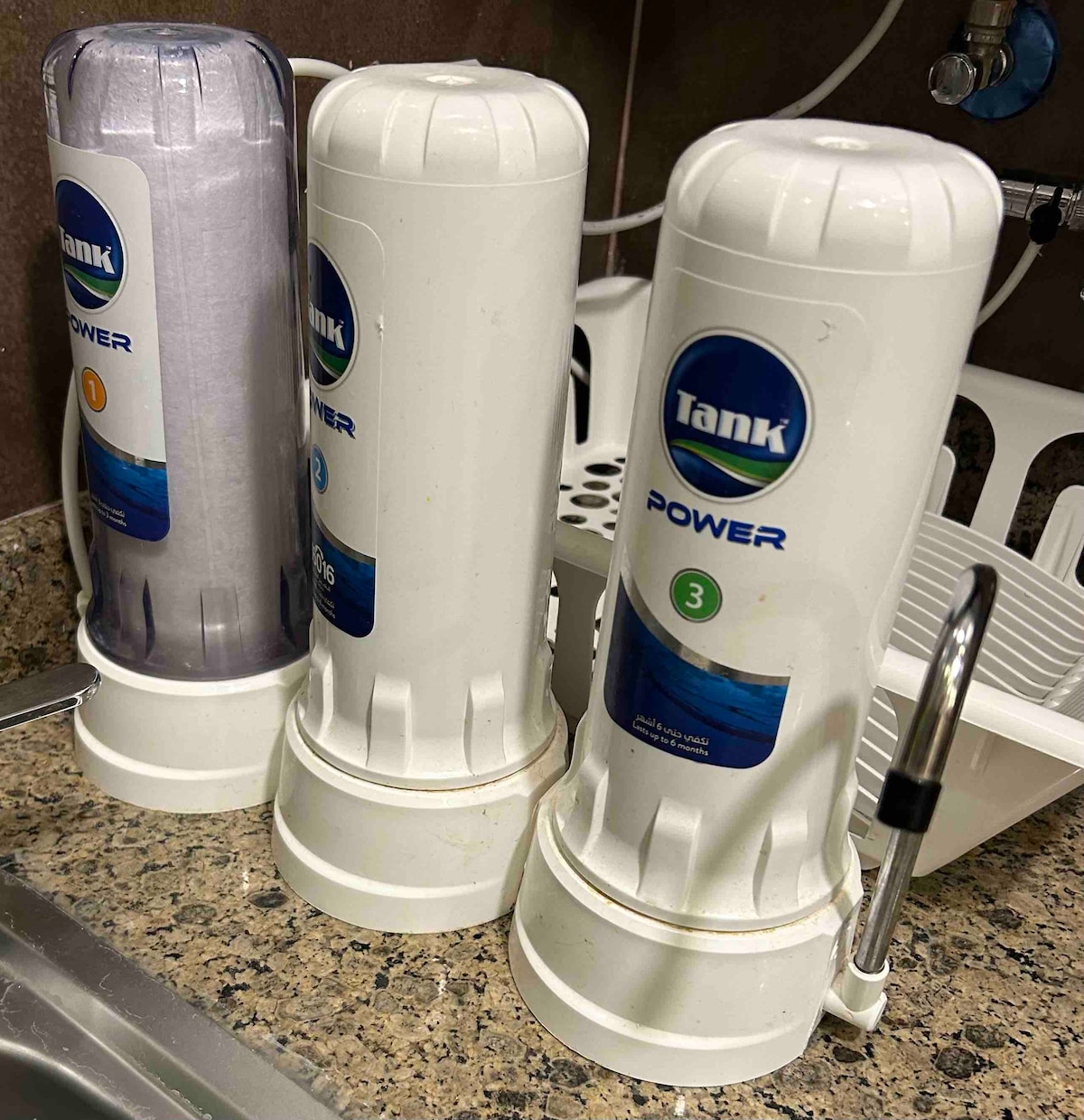 Three water filtration units are positioned beside a sink, with clear labels indicating their function. The units are cylindrical and housed in white casings, standing on flat bases. Countertop is made of light-colored speckled granite and a small faucet is visible next to the filtration system.