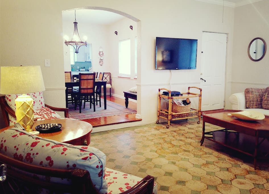 living room with antique cuban tile floors