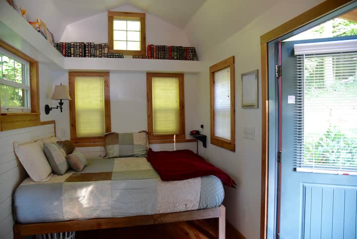 Mini blinds for privacy.