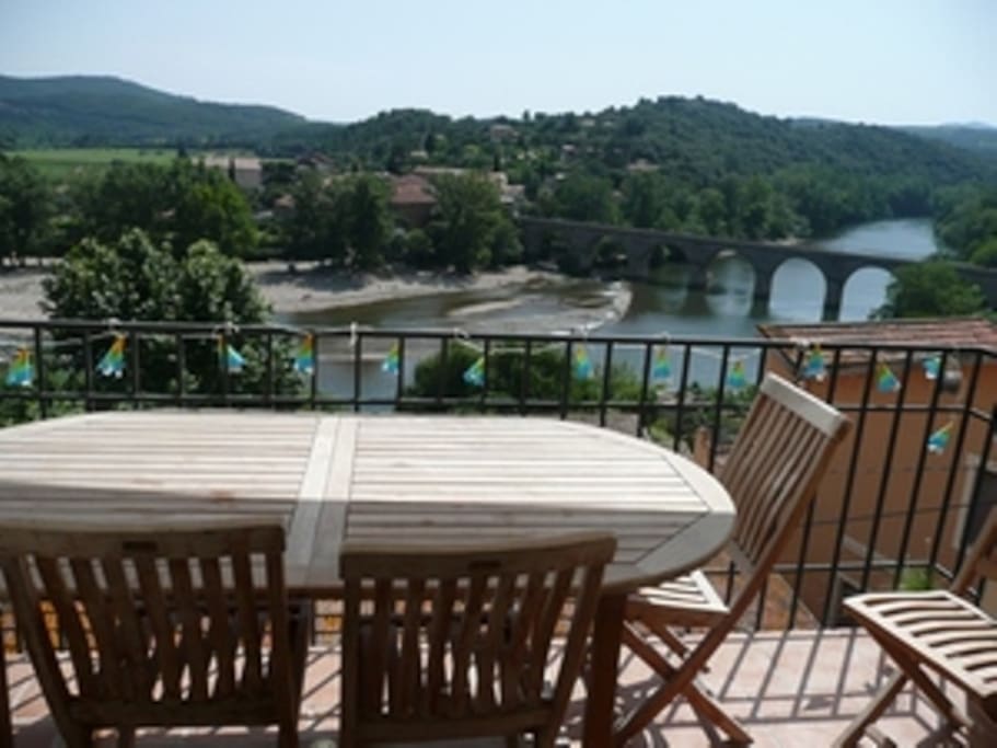 Breakfast Terrace with Orb river and Pyrenees beyond.